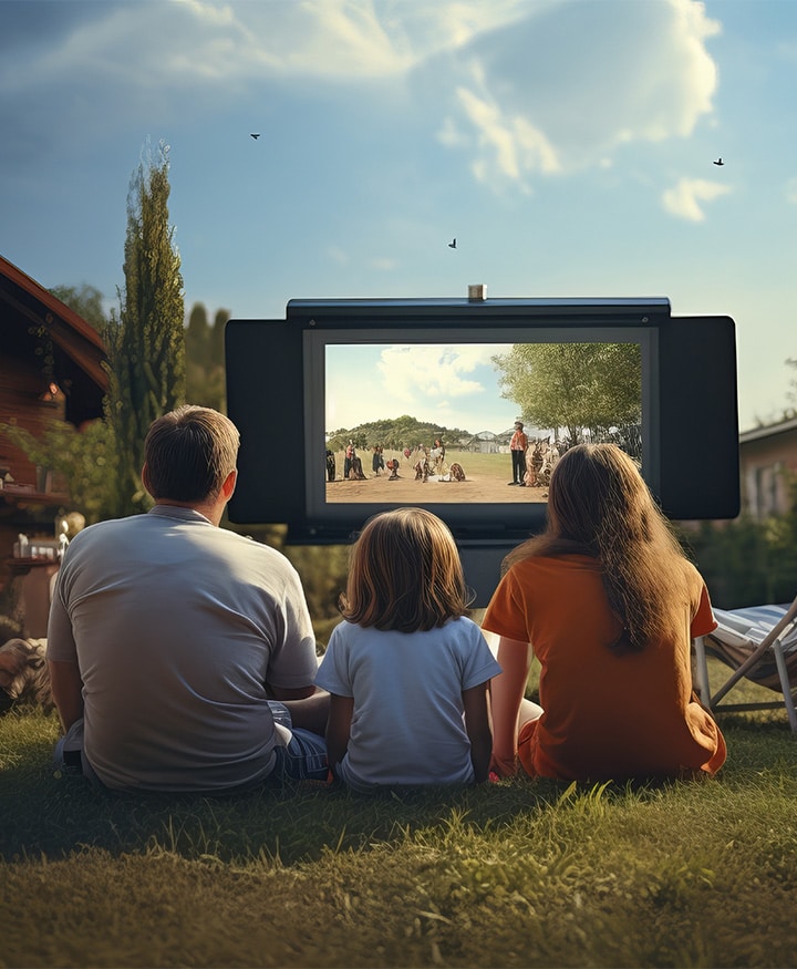 A dad and two children watching TV on a portable screen in a lawn