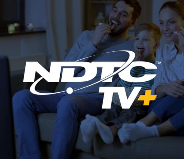 NDTC TV+ logo with a family eating popcorn while watching television