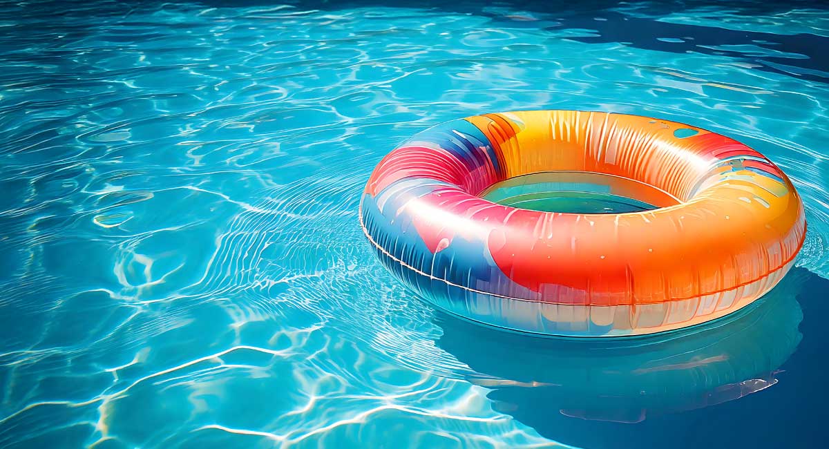 Colorful tube floating on pool surface